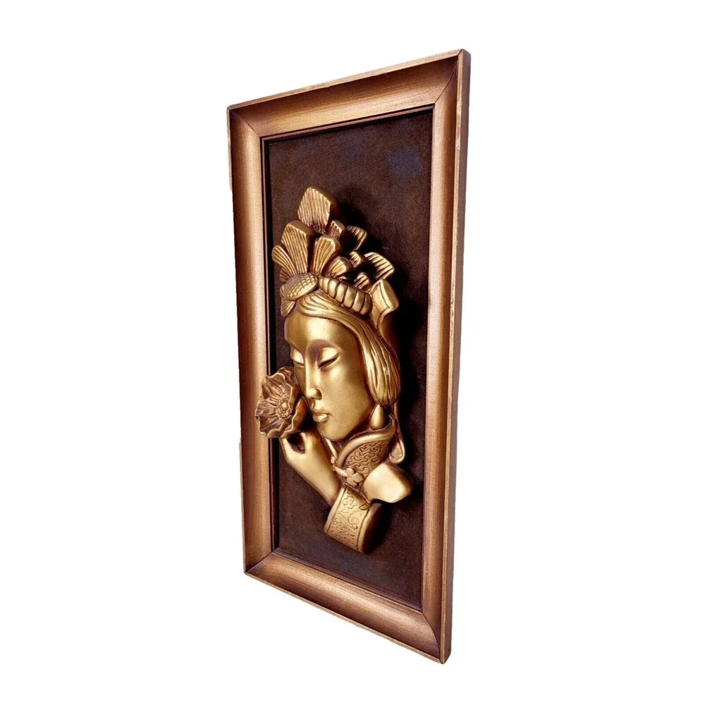 Vintage 50s 60s MCM 3D Gold Chinese Girl Lotus Flower Tretchikoff Green Girl Art